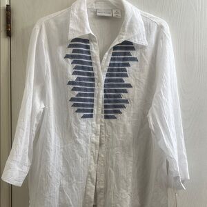 Eileen Fisher White Shirt with Blue Geometric Design